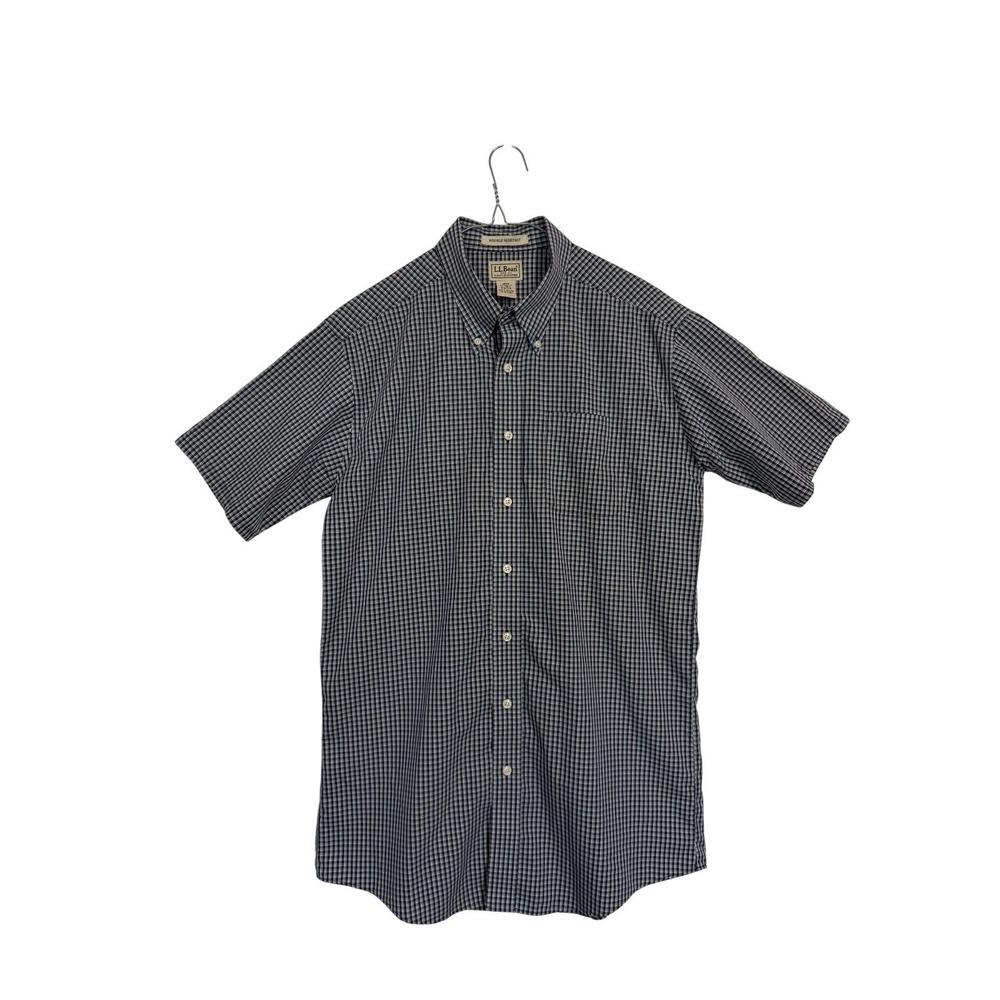 LL Bean Button Down Shirt Mens L Tall Blue Plaid Wrinkle Resistant Short Sleeve